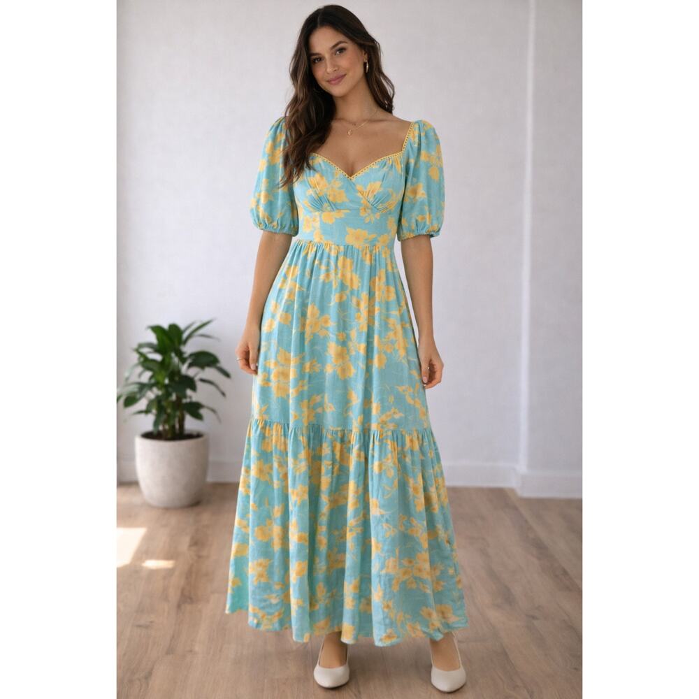 Hello Molly Cottagecore Floral Midi Dress Puff Sleeve Romantic Milkmaid
